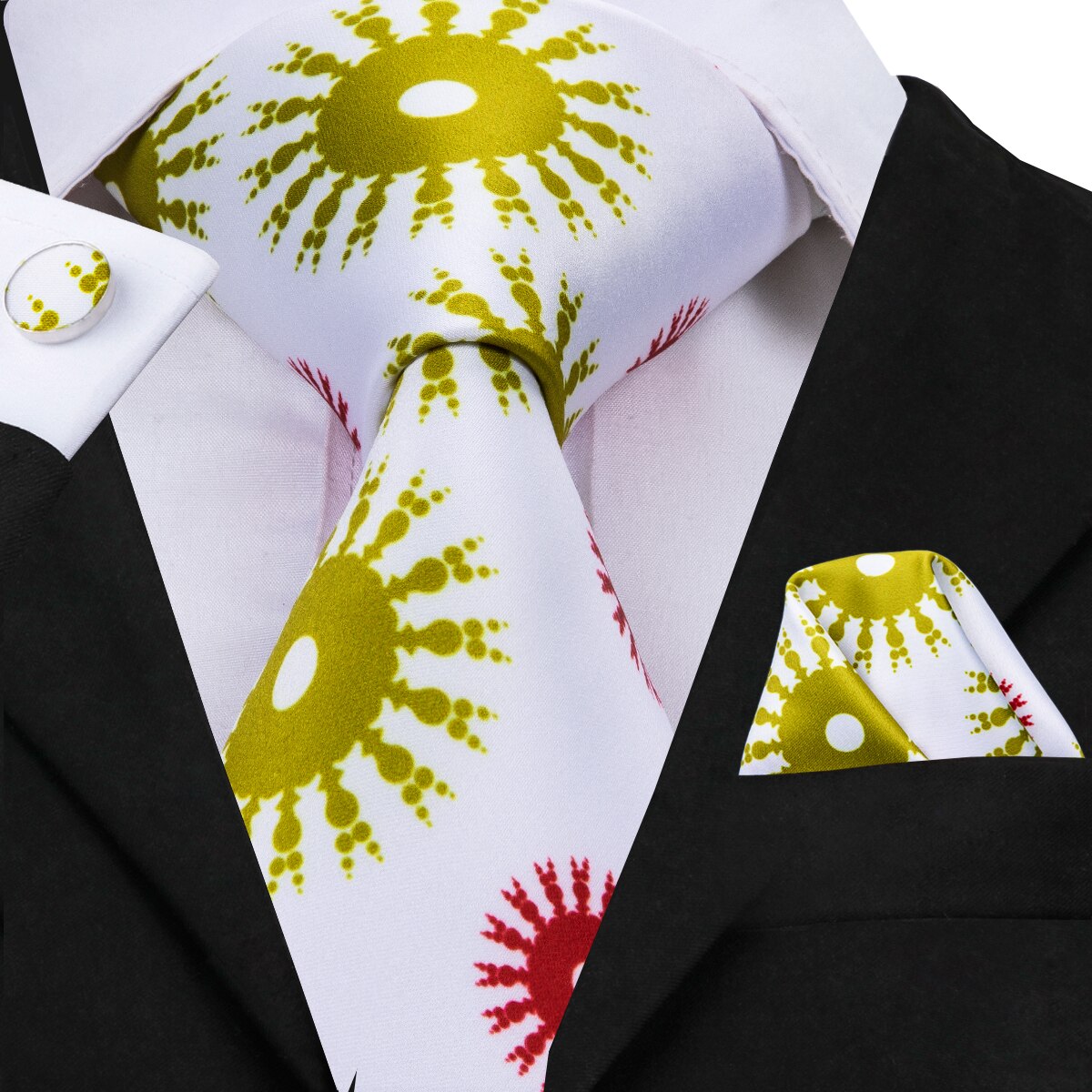 Cravatta Bianca con Sole Giallo e Rosso