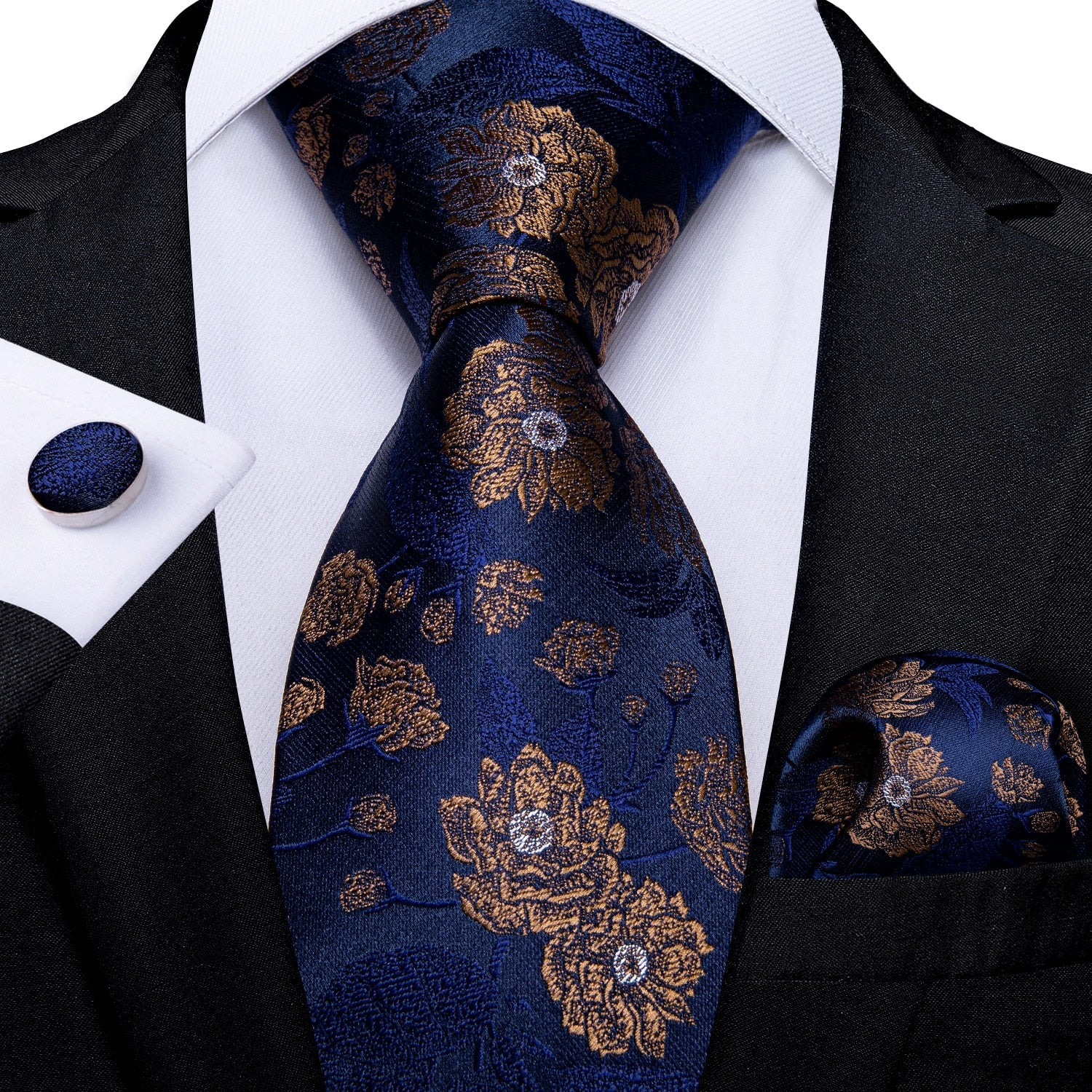 Cravatta Blu scuro con Fiori Marroni