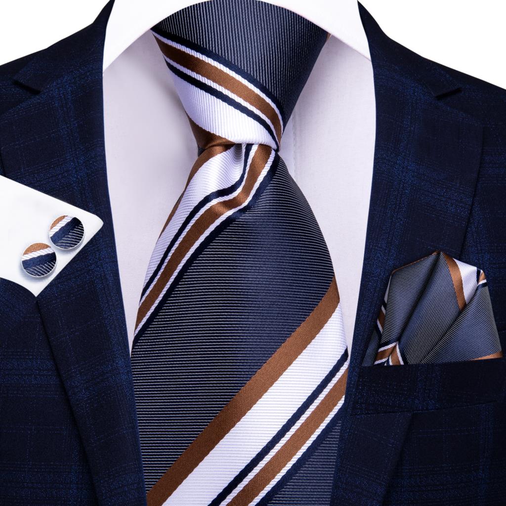 Cravatta a Righe Blu, Bianche e Marroni
