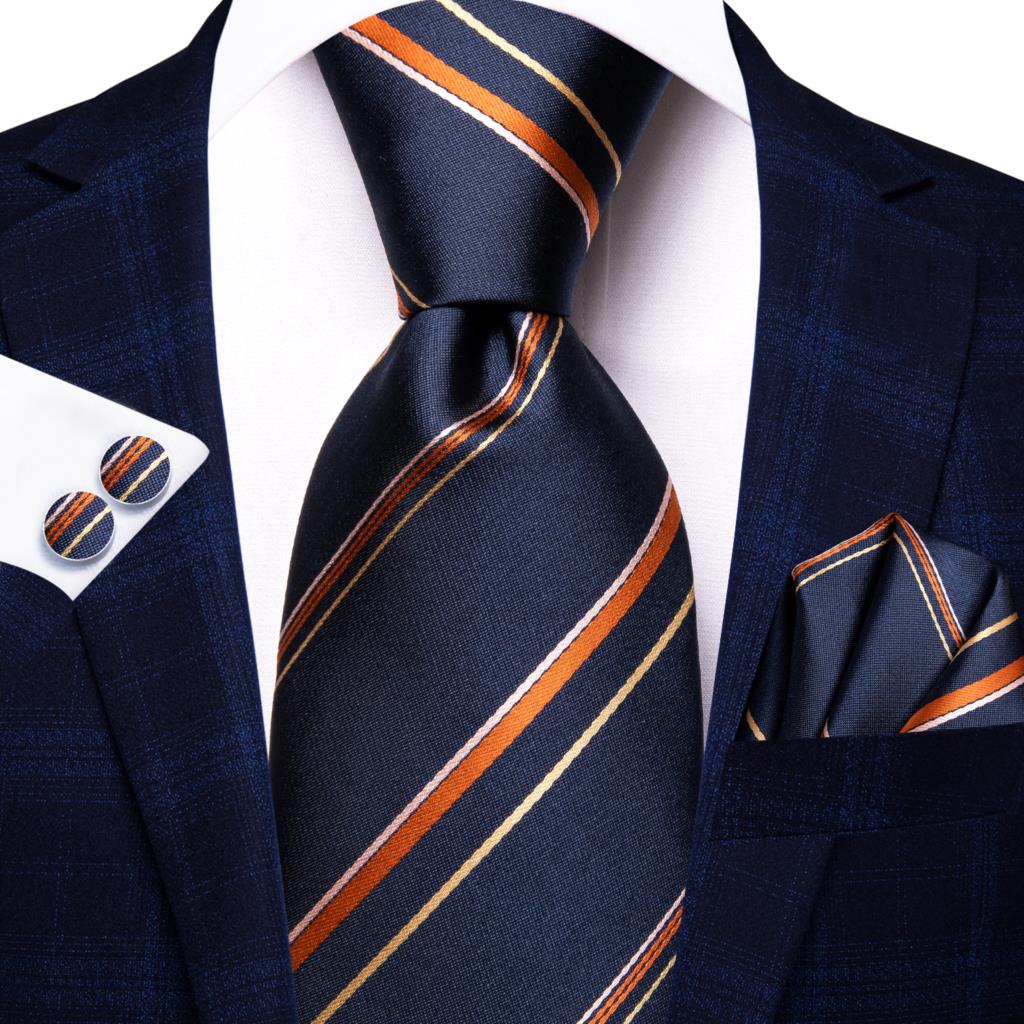 Cravatta a Righe Blu Scuro e Arancione