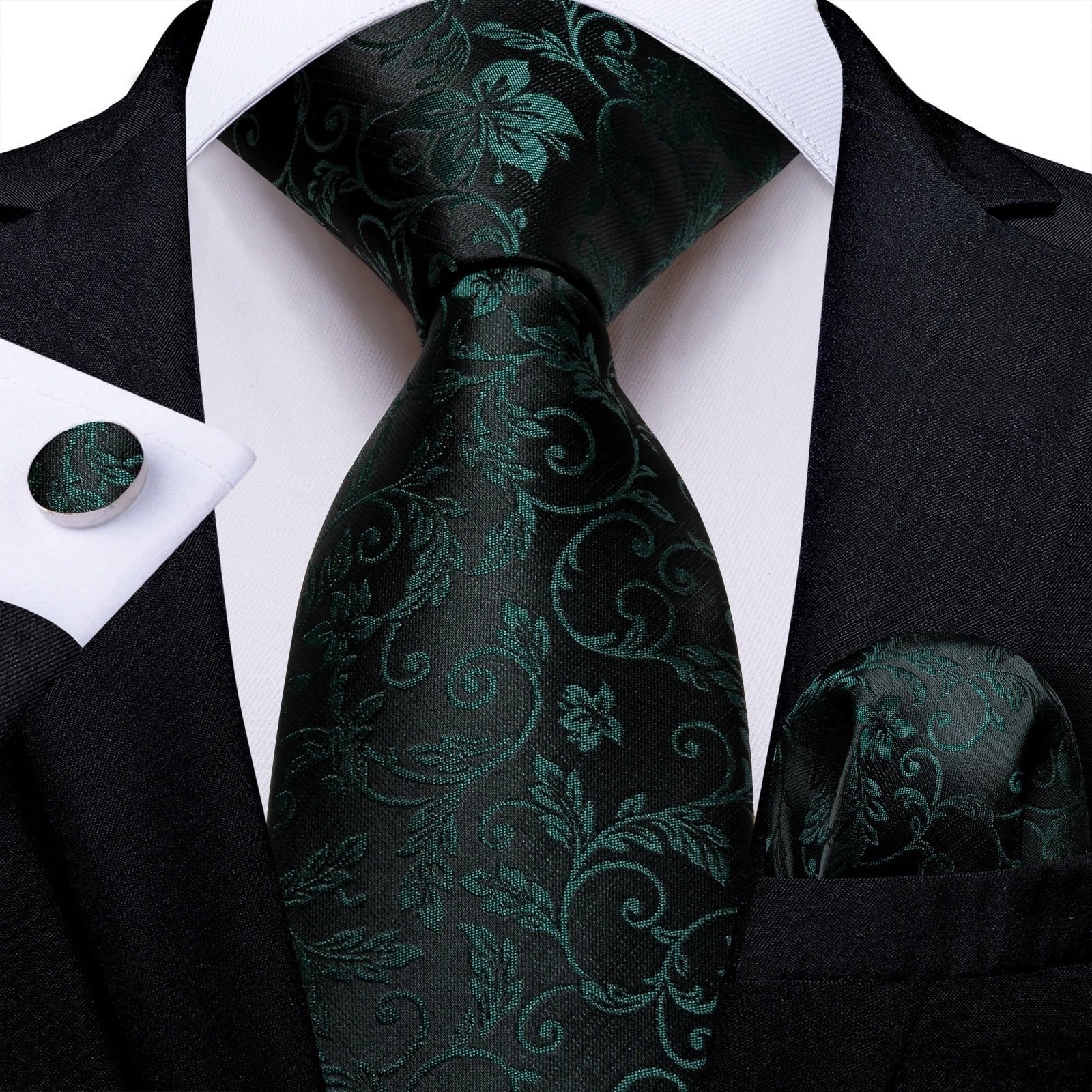 Cravatta Nera con Fiori Verde Scuro